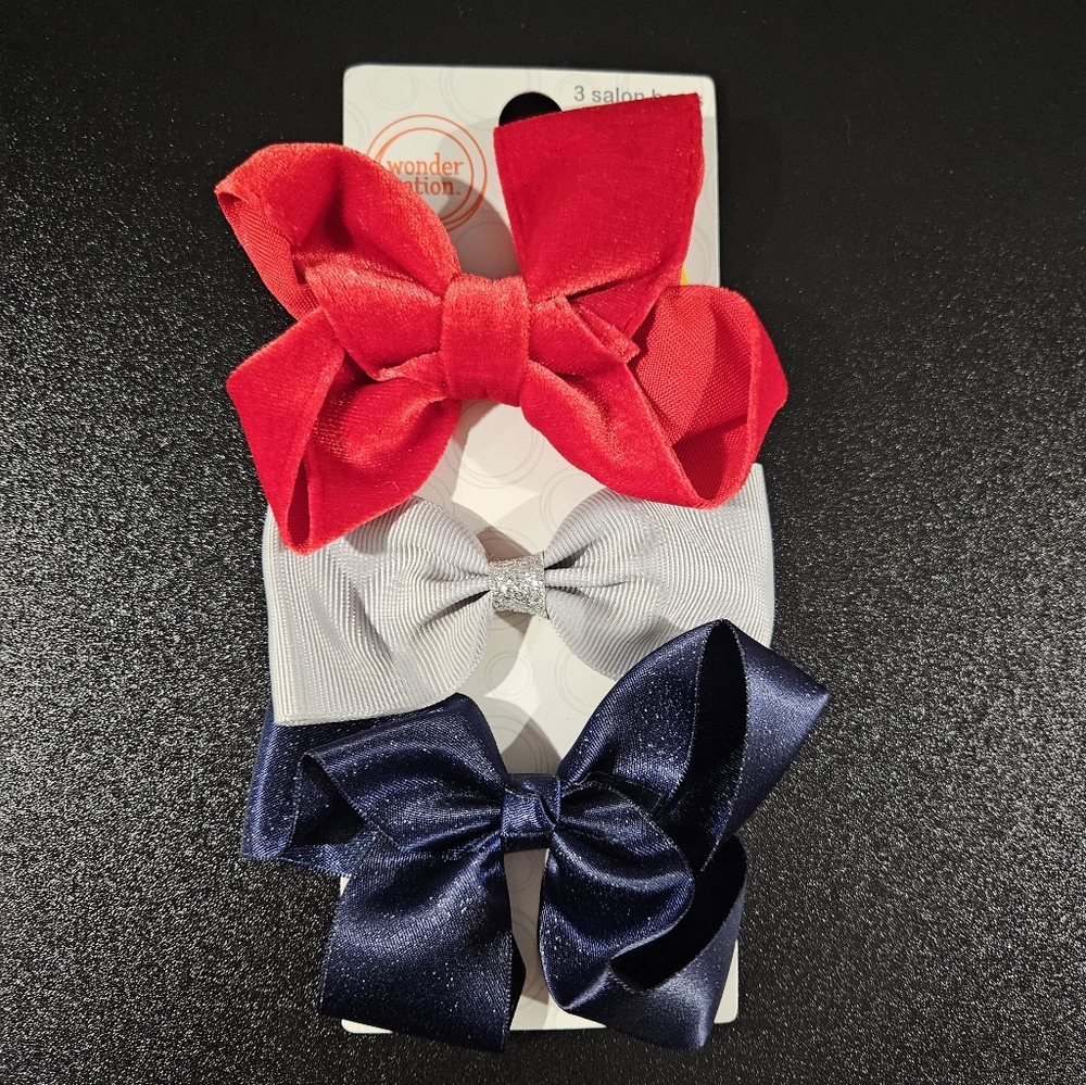 Set Of 3 Girl Barrette Bows (Red, Silver, and Blue) BRAND NEW